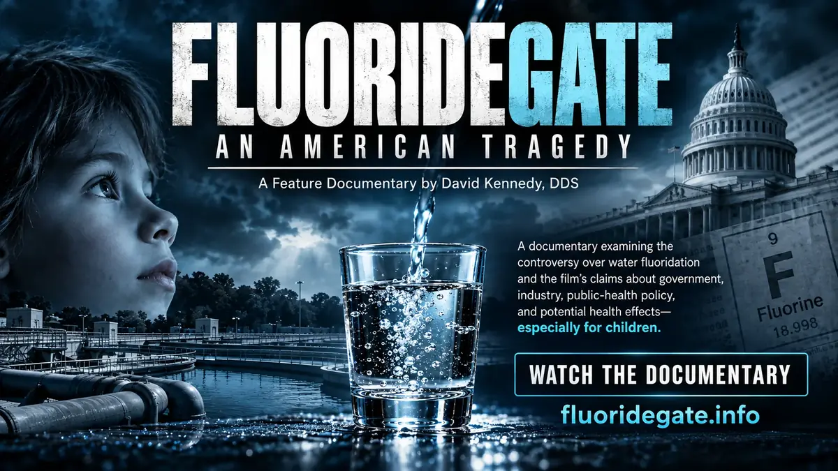 FLUORIDEGATE: An American Tragedy film poster. A child looks toward a glass of tap water, with a water treatment plant and the U.S. Capitol behind.